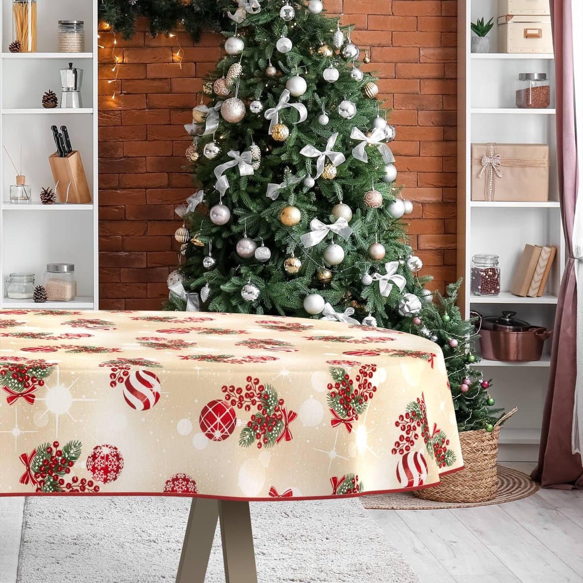 ANRO Tafelkleed Kerstballen Beige Met sierband Afwasbaar