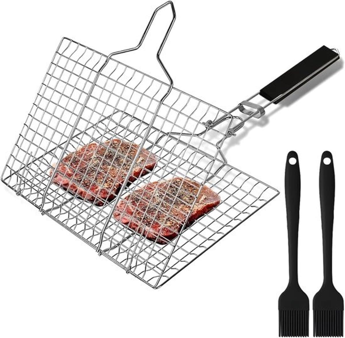Grillmand Roestvrijstaal - Barbecue Mand - Buiten Grillen - Inclusief Borstels - 55x32cm - Zilver