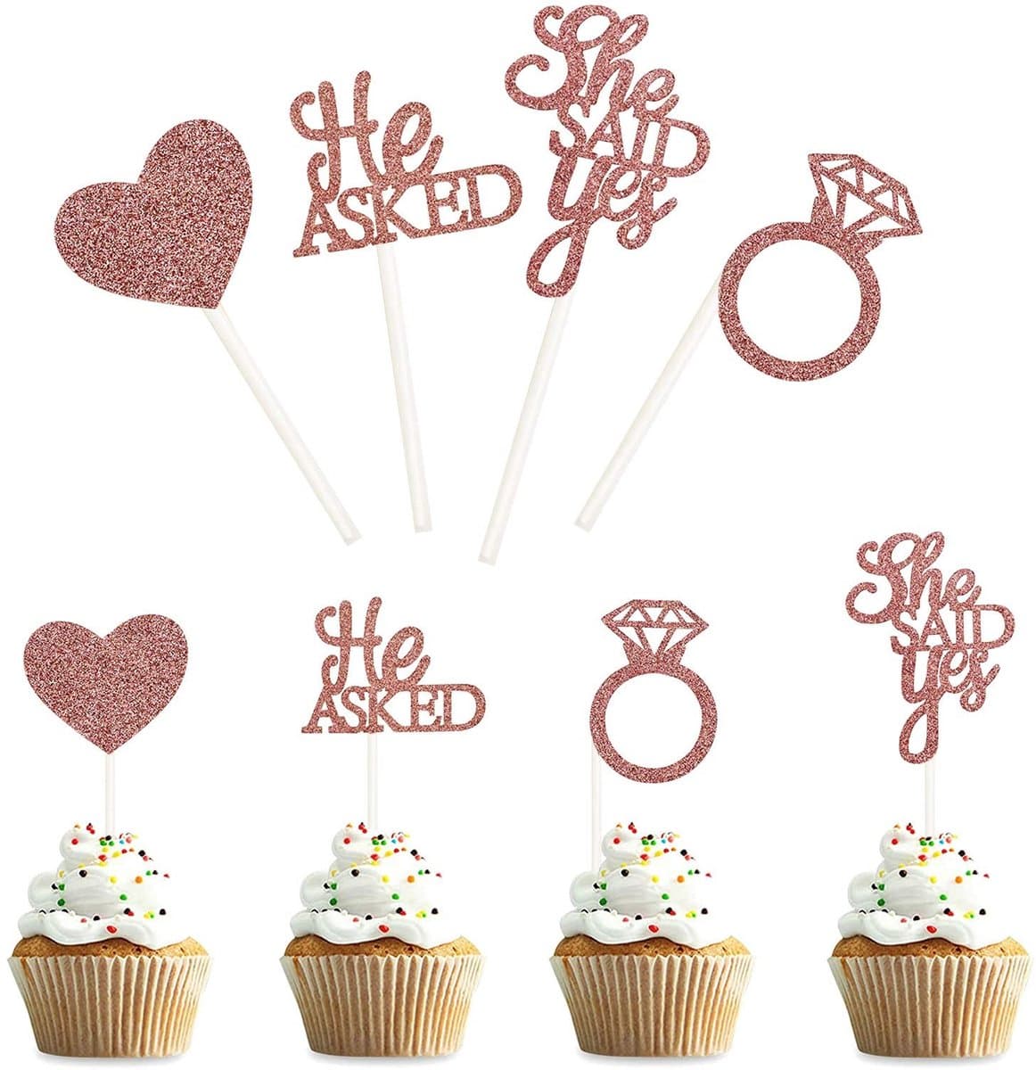 Dailygoods- Cupcake Topper 36 Stuks - He Asked She Said Yes - Diamant Ring Hart - Bruiloft Decoratie - Verloving - Babyshower - Veilig Materiaal - Taartdecoratie