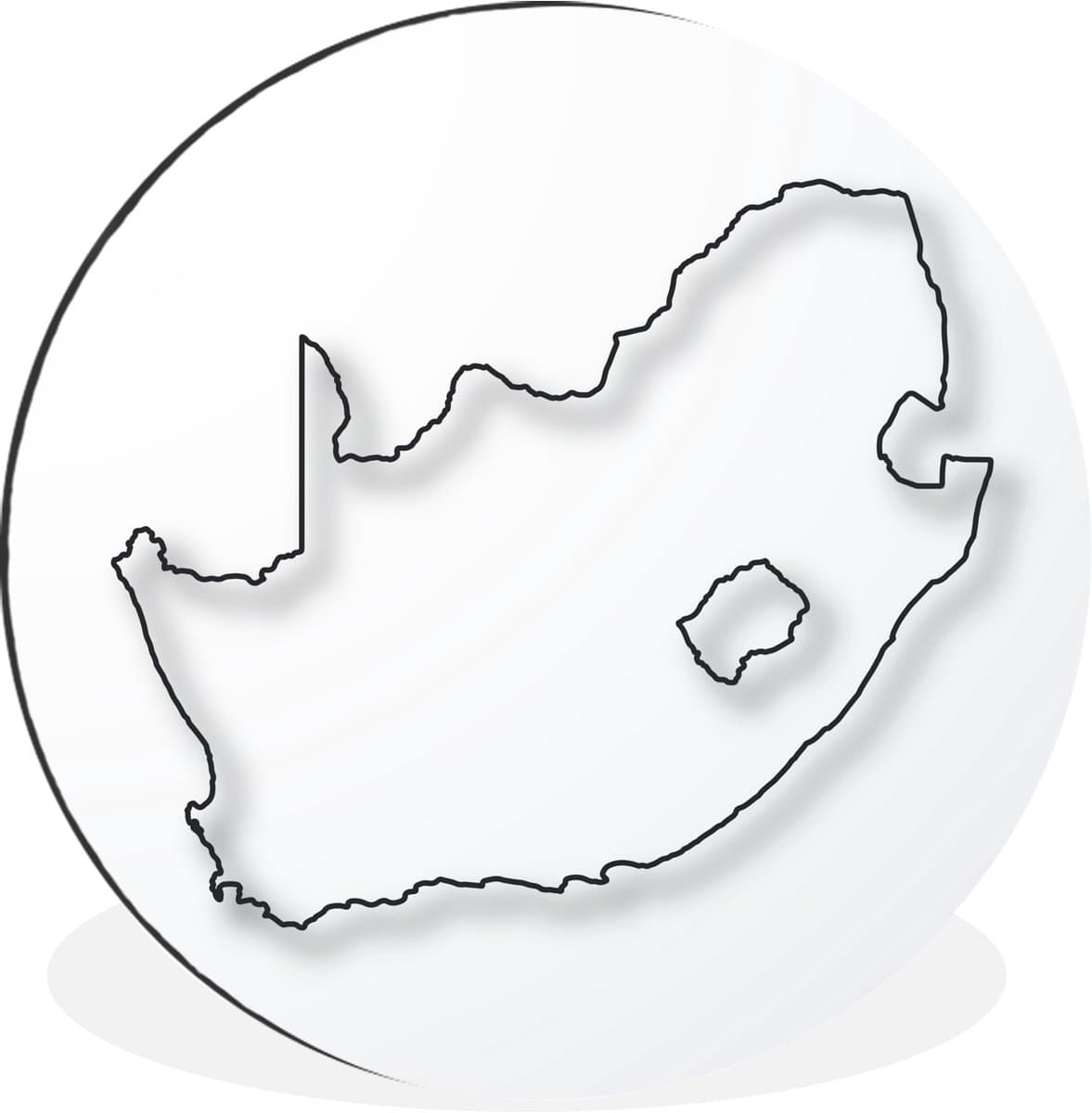 WallCircle - Wandcirkel - Muurcirkel - Zwart-wit illustratie van en lijn in de vorm van Zuid-Afrika - Aluminium - Dibond - 120x120 cm - Binnen en Buiten XXL