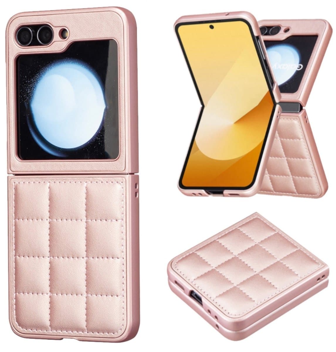 Voor Samsung Galaxy Z Flip5 Vierkant leren achterhoesje (roségoud)