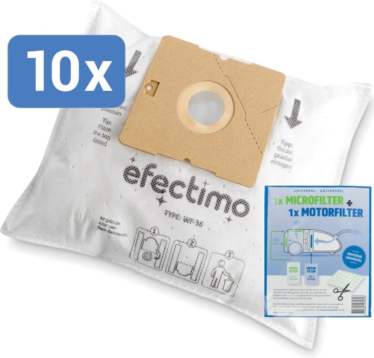 Inventum stofzuigerzakken van efectimo + filterset - geschikt voor: Inventum ST306RZA stofzuigerzakken, Inventum SZ300 stofzuigerzakken en ST306ZZA stofzuigerzak - 10 stuks - drielaags topkwaliteit microvezel -