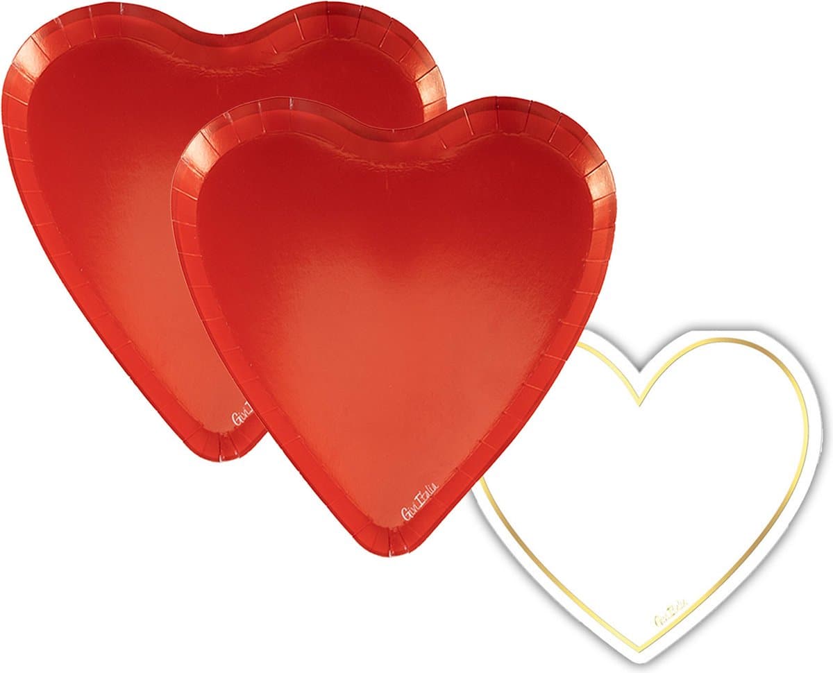 Givi Italia Feestbordjes/servetten set - 16-personen - Valentijn - rood/wit - hart vormig - papier/karton