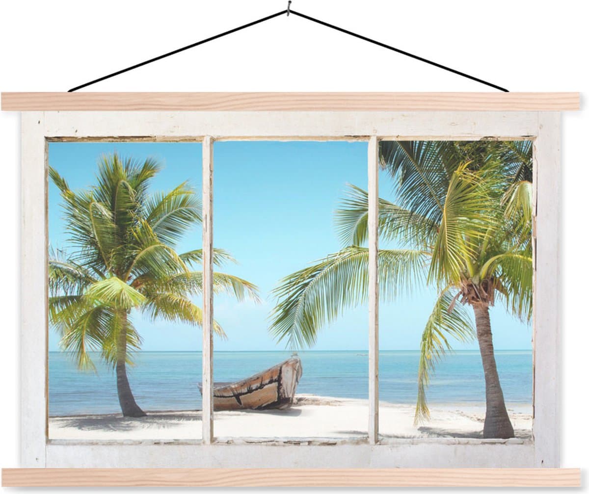 Posterhanger incl. Poster 90x60 cm - Schoolplaat - Doorkijk - Palmbomen - Strand - Textielposter - Blanke latten