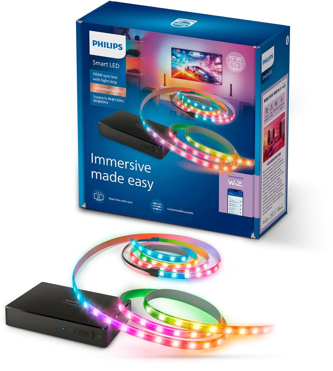 Philips Smart Lighting - HDMI 2.1 Sync Box - Met RGBIC LED strip voor 75 tot 85 tv's - Synchroniseer je verlichting met je beeldscherm - 4K bij 120Hz en 8K bij 60Hz - Werkt met de WiZ app - Wifi - Entertainment starterkit