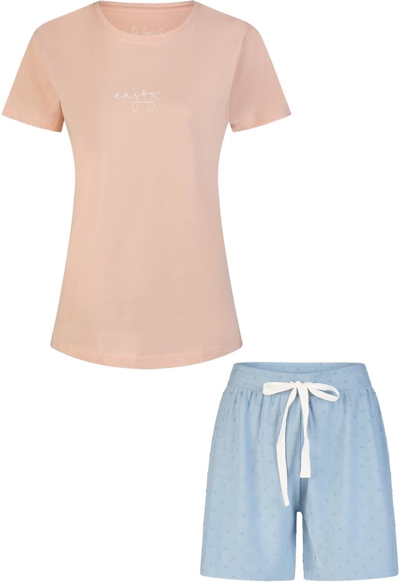 By Louise Dames Korte Pyjama Set Shortama Roze/Blauw Gestipt - Maat S