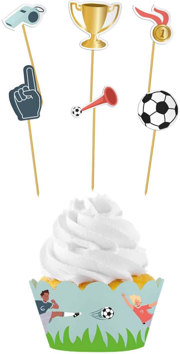 Folat - Cupcake decoratie set Fantastic Football – 6 stuks - WK voetbal 2026 - WK voetbal versiering - WK voetbal outfit - Nederland WK