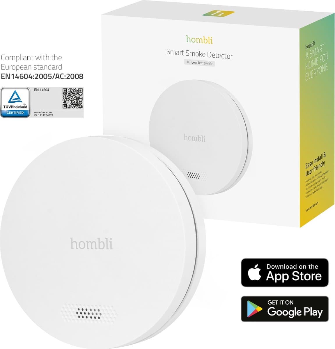Hombli Slimme Rookmelder met Magneet - Brandmelder - 10 jaar batterij - 85dB - App & mobiele meldingen - Eenvoudige installatie - 1 stuk - Wit