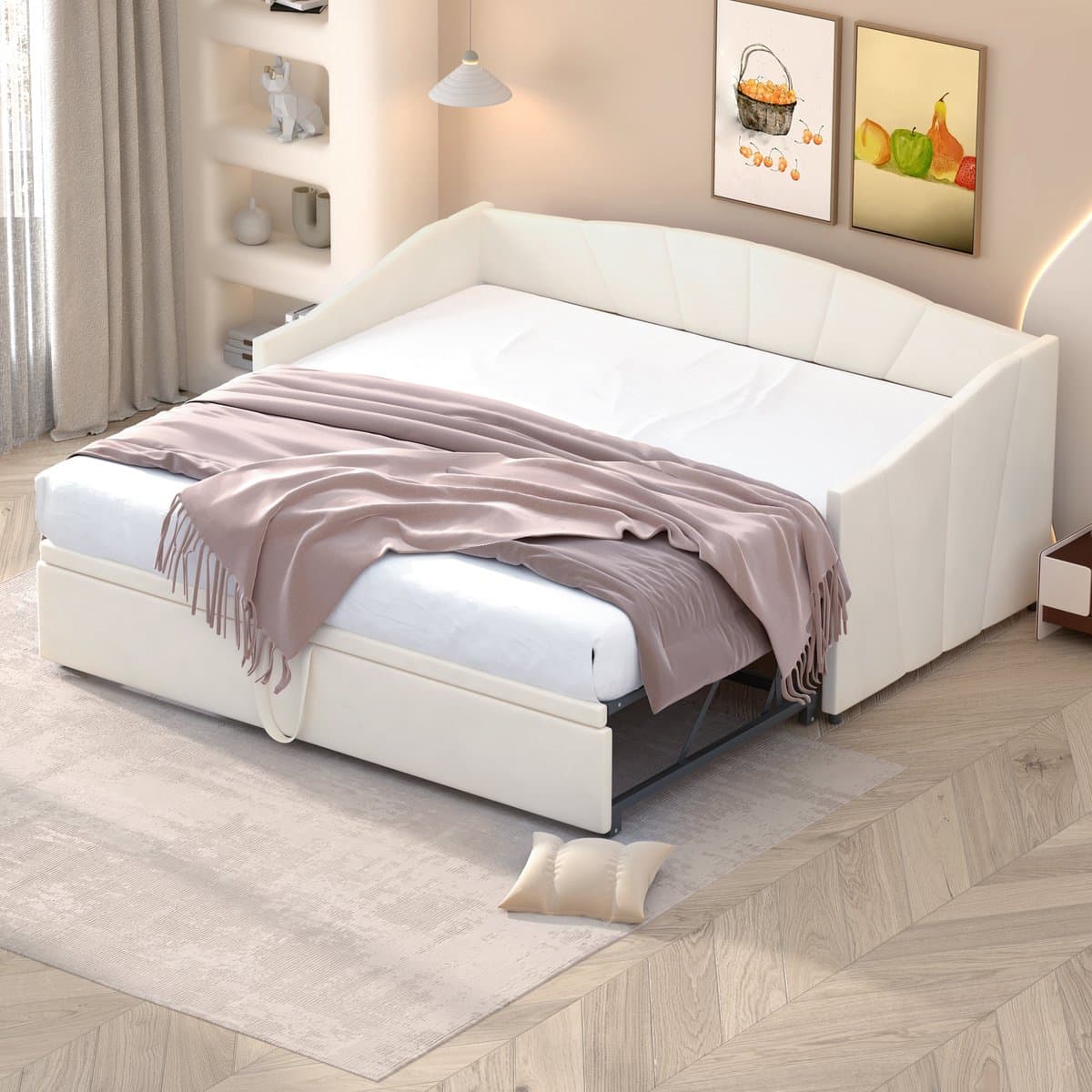 MODFU Bedframe 90x200 / 180x200 cm – beige fluweel – uittrekbaar ontwerp met lattenbodem