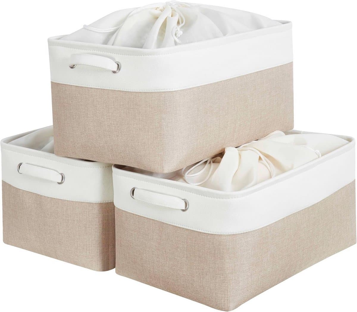 Grote canvas opbergdoos set van 3 - opvouwbare manden met handgrepen en trekkoord voor kasten, planken, kleding en speelgoed