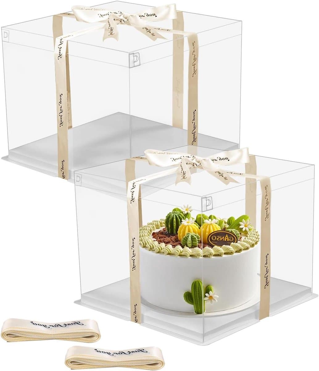 VVGoods - Doorzichtige taartdoos set van 2, transparant met sokkel en lint, 22 x 22 x 23,5 cm, ideaal voor verjaardag en dessert