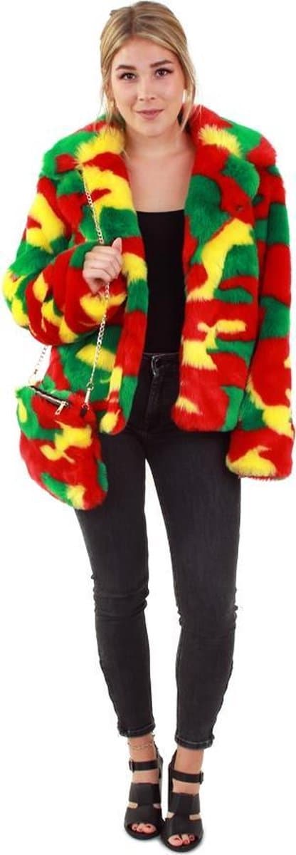 PartyXplosion - Bob Marley & Reggae & Rasta Kostuum - Camouflage Bontjas Reggae Limburg Vrouw - rood,geel,groen - Maat 36-38 - Carnavalskleding - Verkleedkleding