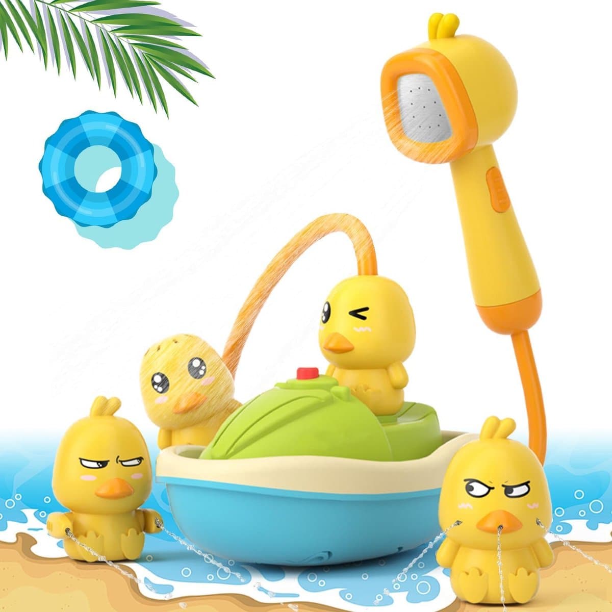 COOAU - Eend Bad Speelgoed Set met Douchekop - Spuitend Drijvend Boot & 4 Stuks Spuitende Gele Eendjes - Interactieve Water Sprinkler Badkuip Speelgoed - Zintuiglijk Opvoedend Bad Tijd Speel Cadeau voor Peuters Jongens Meisjes 1-5 Jaar