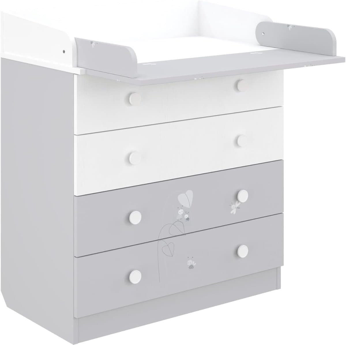 Babycommode Met Laden - Commode Babykamer - Baby Verzorgen - Inklapbaar Verschoonoppervlak - 80 cm Breed - Wit Grijs