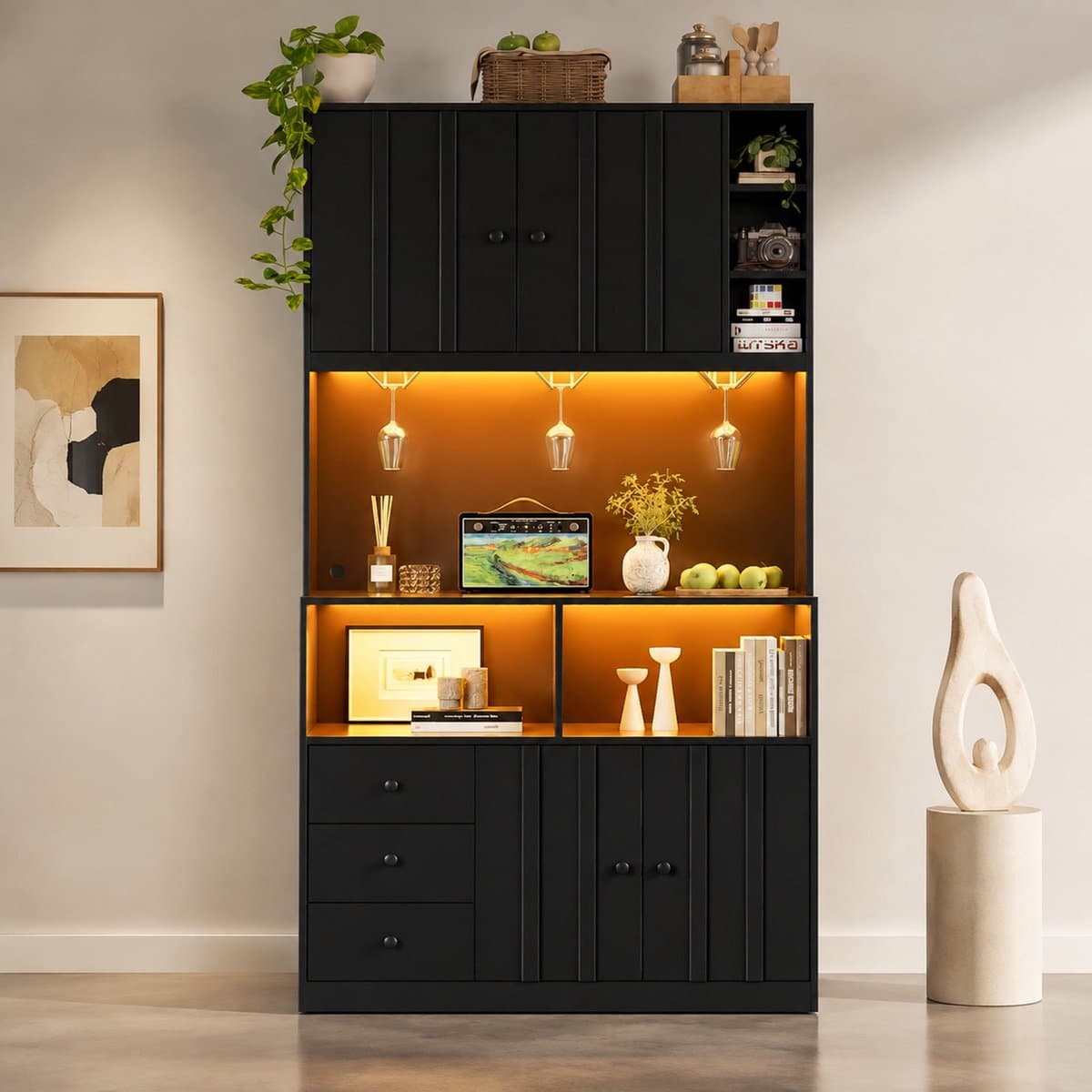 MODENUIT Keukenkast 100 x 40 x 180 cm - Ledverlichting en Stopcontact - Keuken en Eetkamer - MDF Zwart