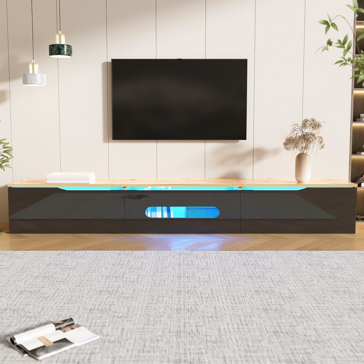 tv meubel met LED-verlichting - Voor woonkamer - 180 cm breed - Zwart hoogglans en hout - 16 kleuren app-bestuurbaar - Soft-close deuren - Wandmontage mogelijk