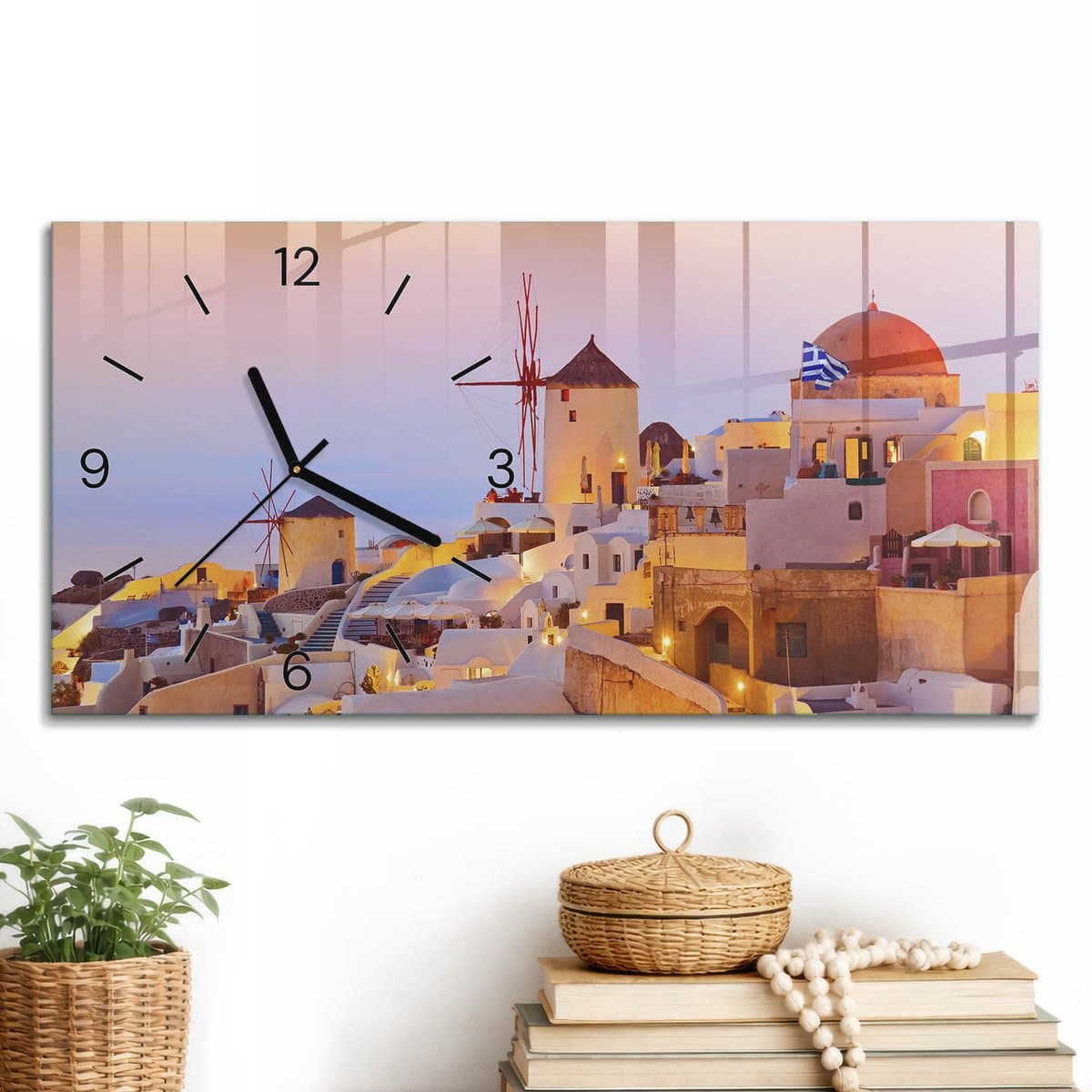 ArtPrintCave Oranje Glazen Klok - 60x30 cm - Rechthoekige Wandklok - Zonsondergang Wandklok Keuken - Architectuur Unieke Klok - Zwarte Klokwijzers