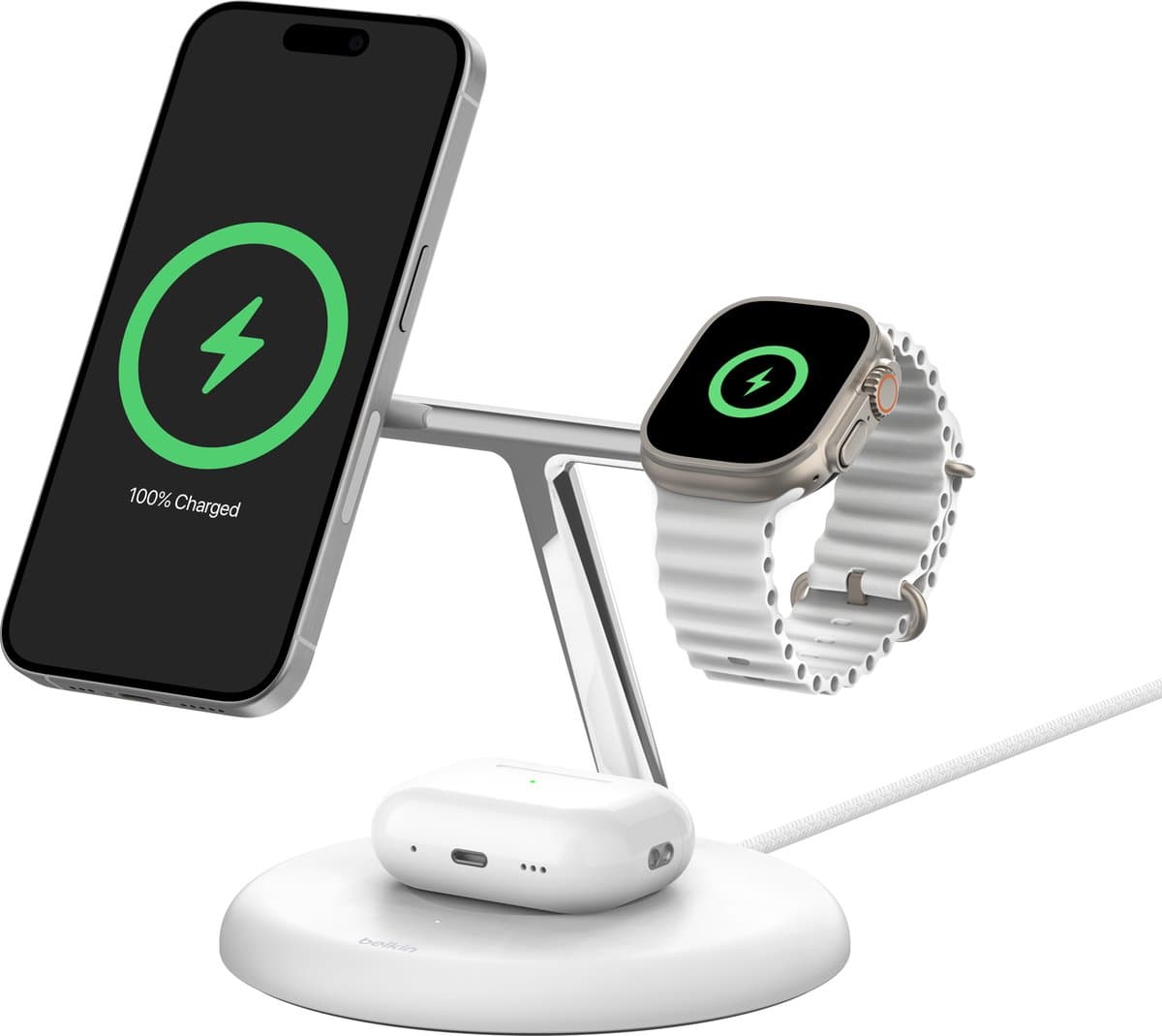 Belkin Boost Charge Pro MagSafe en Qi2 3-in-1 Draadloze Oplader 15W met Standaard Wit