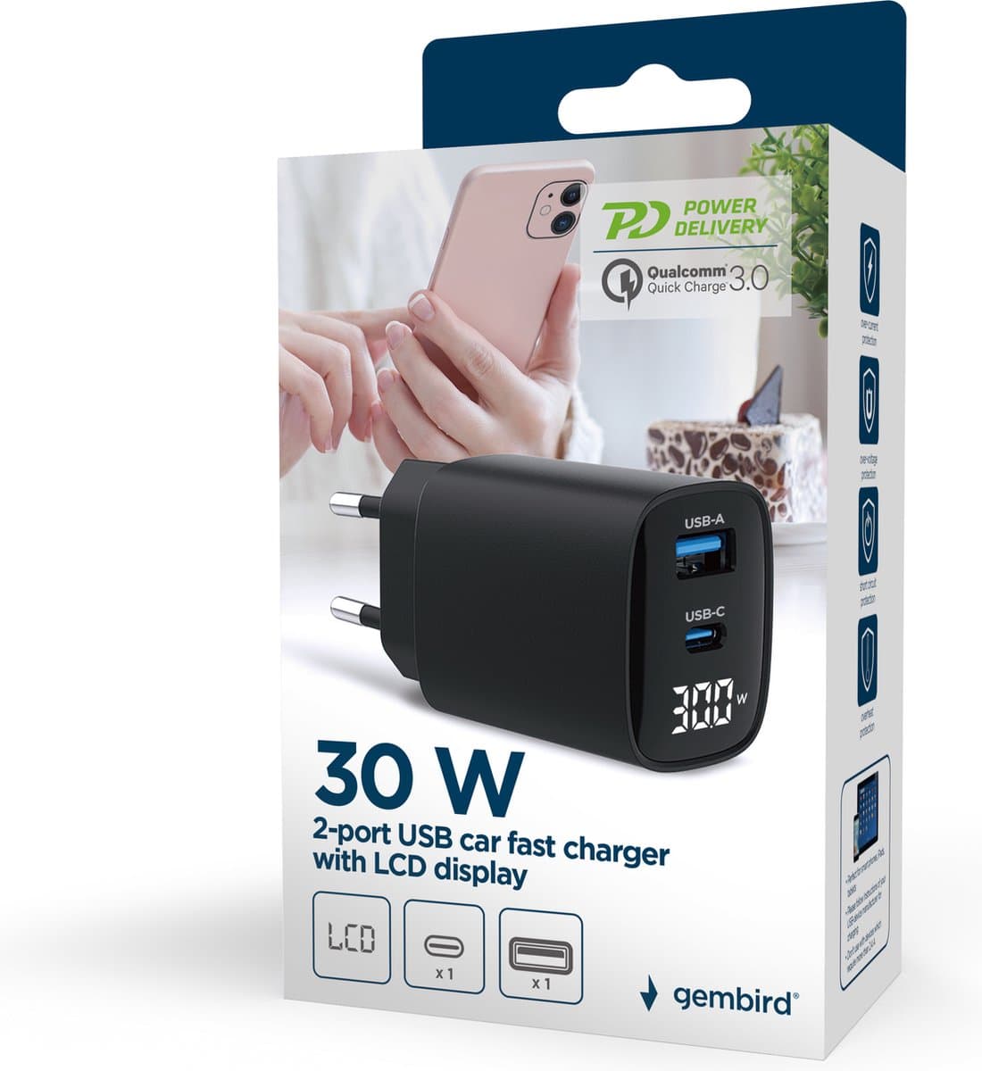 Gembird USB Snellader - 2-Poorts Universele Oplader - USB-C en USB-A 30W