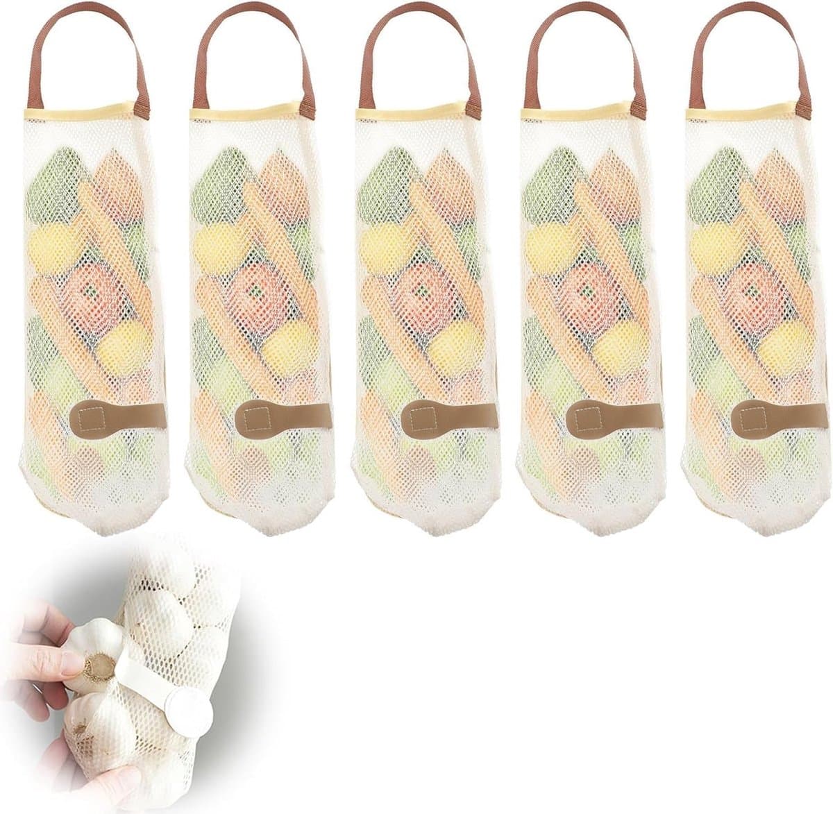 6 Stuks Herbruikbare Mesh Tassen voor Groenten en Fruit, Lange Hangende Opbergtassen voor Aardappelen, Uien en Knoflook, Ideaal voor Keuken en Koelkast