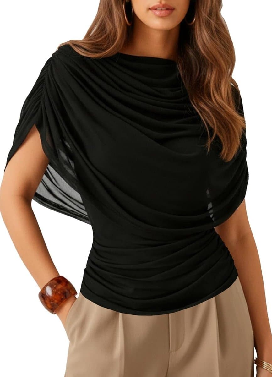 Elegante 2-in-1 tanktop voor dames met mesh-poncho, geplooide mouwloze blouse voor festivals en uitgaan