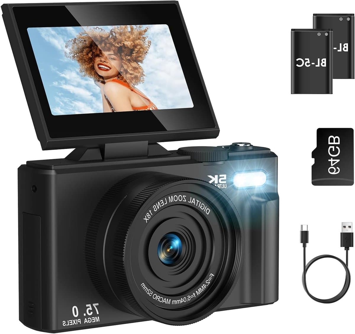 Mini Digitale Camera 4K 64MP met 3.0 Inch Flip Screen, 18x Zoom en 64G SD Kaart voor Beginners en Kinderen