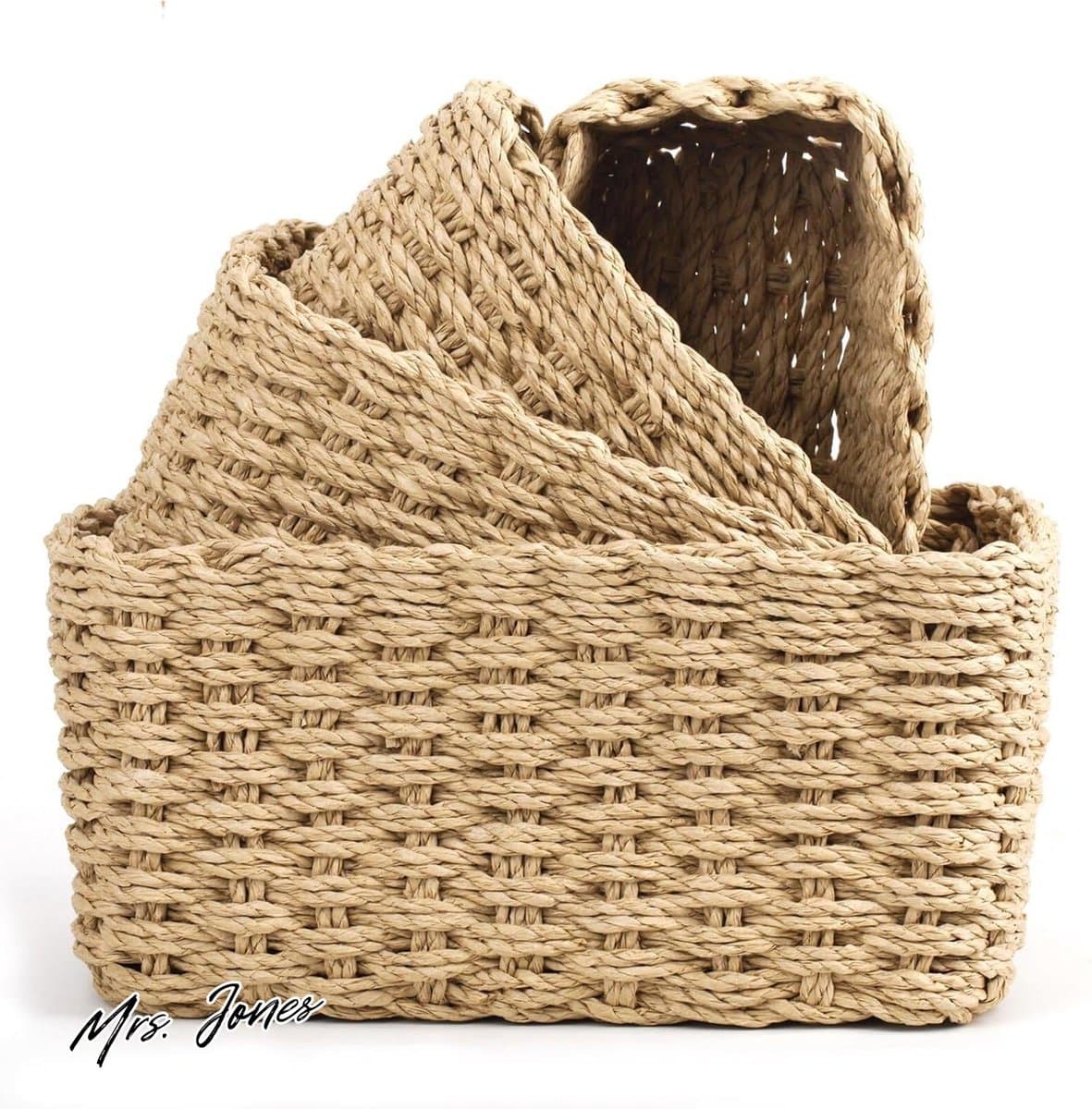 Mrs. Jones Set van 4 gevlochten opbergmanden van papiertouw - boho decoratieve mand - opbergmand luiertafelorganizer - stapelbare opbergmanden voor woonkamer keuken kinderkamer badkamer. .