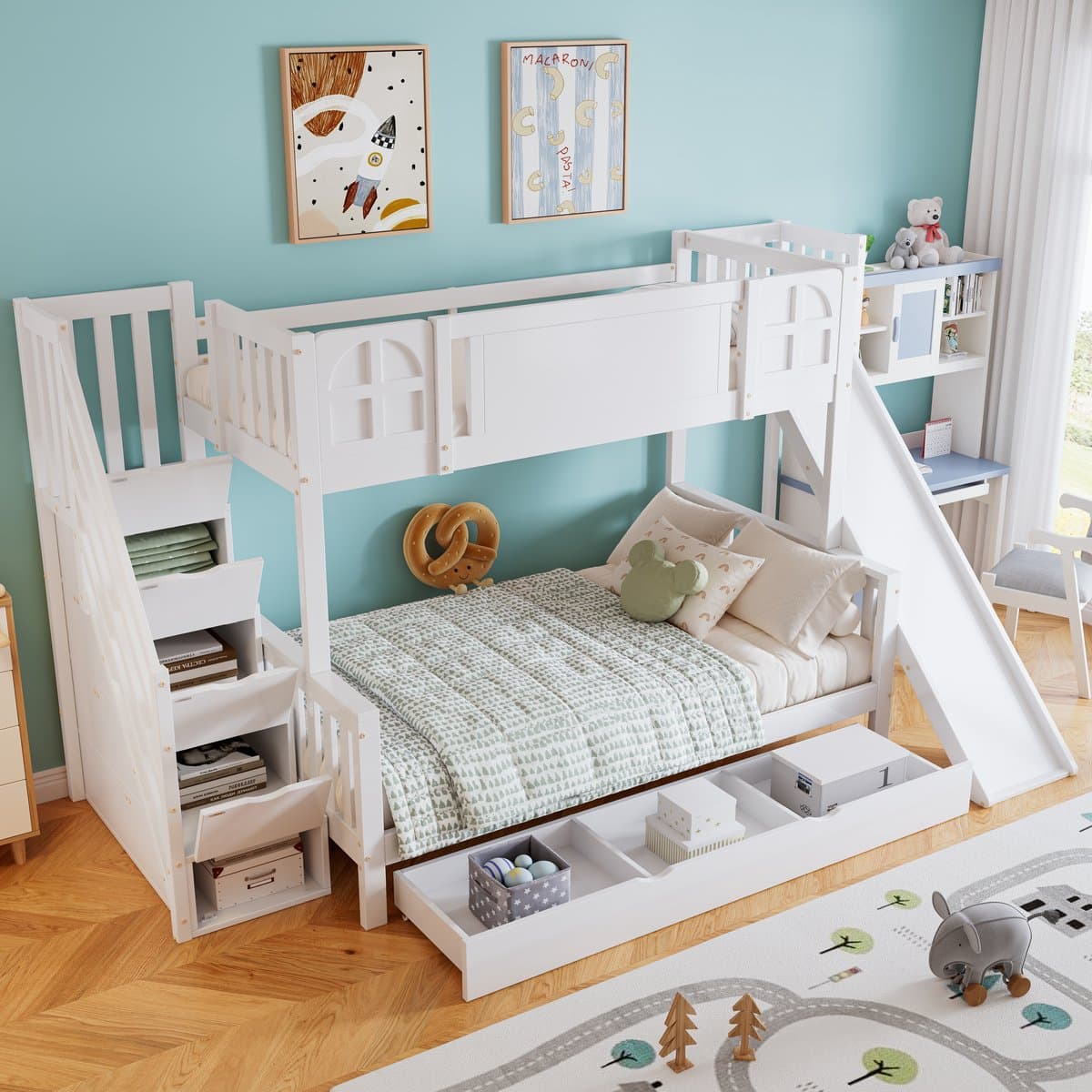 OKWISH Stapelbed 90x200 En 120x200 Cm – Met Glijbaan En Opbergtrap Met 4 Kasten – Met Lade Opberglade – Zonder Matras – Hout En MDF – Wit
