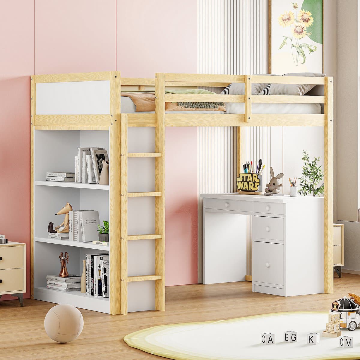Wishdor Hoogslaper 90x200 cm - Met bureau & kast - Verstelbare indeling - Massief hout naturel