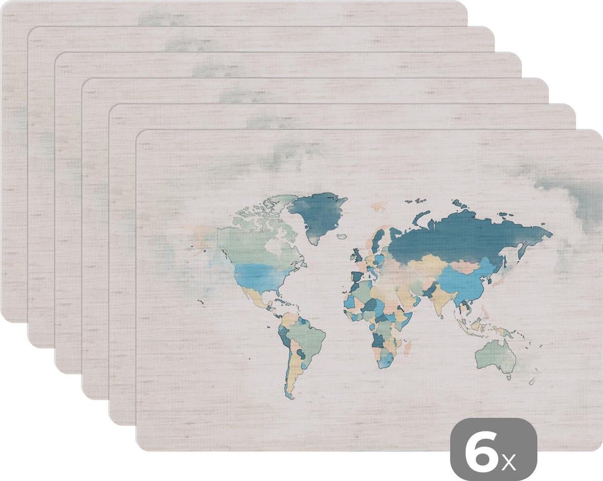 Placemat - Placemats kunststof - Wereldkaart - Pastel - Textiel - 45x30 cm - 6 stuks - Hittebestendig - Anti-Slip - Onderlegger - Afneembaar
