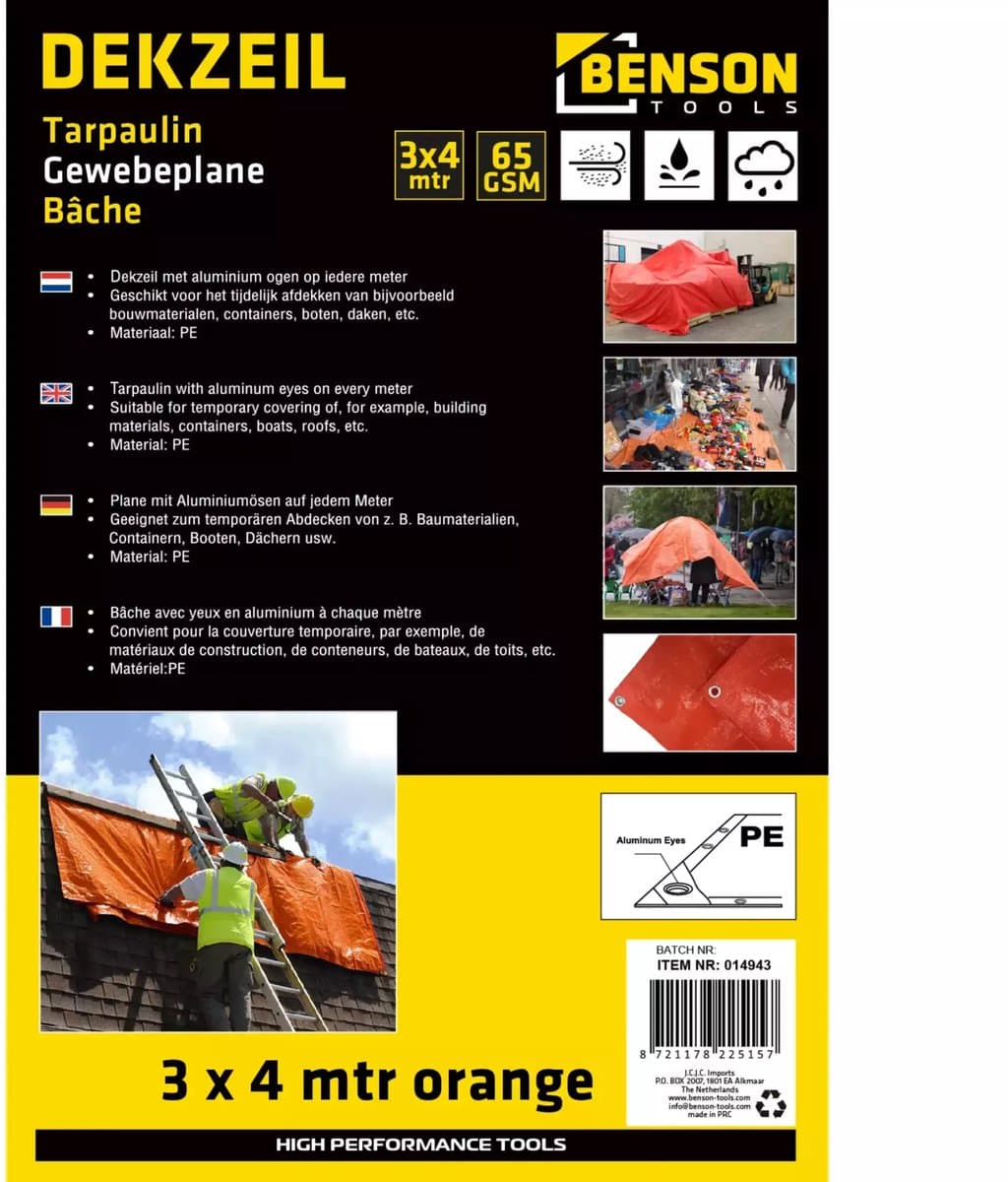 Benson Oranje dekzeil - 3x4 meter - Mesh structuur - PE 65GSM