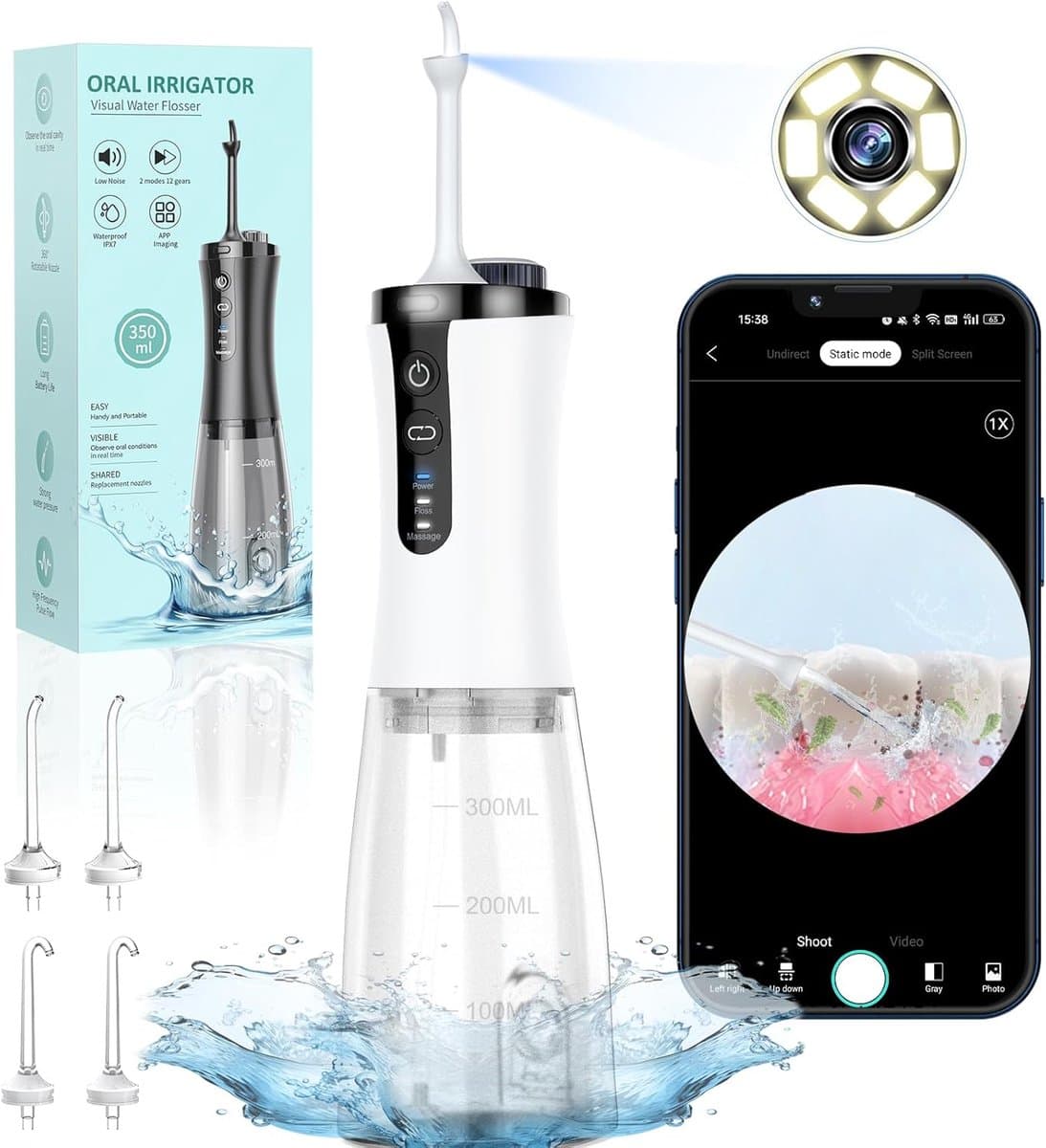 Draadloze Draagbare Monddouche met Camera en 350 ml Waterreservoir - IPX7 Waterdicht, Oral Irrigator met 5 Vervangbare Tips, Flosser voor Tandplak en Slechte Adem