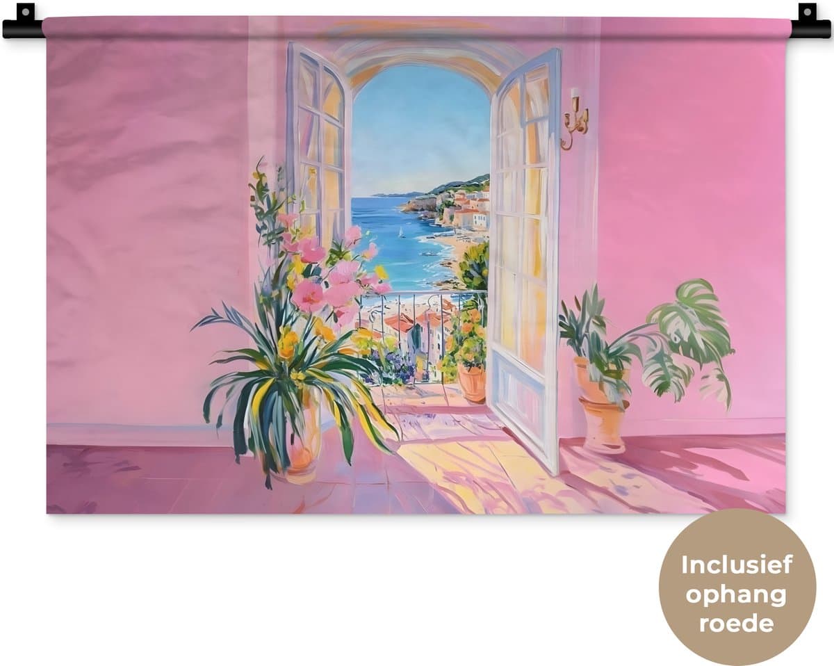 Wandkleed 60x40 cm - Wanddoek Roze - Buiten - Verf - Wandtapijt - Wandkleden