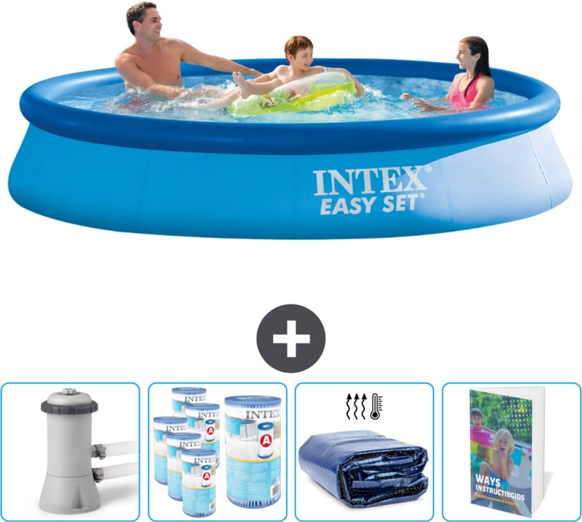 Intex Rond Opblaasbaar Easy Set Zwembad - 366 x 76 cm - Blauw - Inclusief Pomp Filters - Solarzeil - Zwembadgids