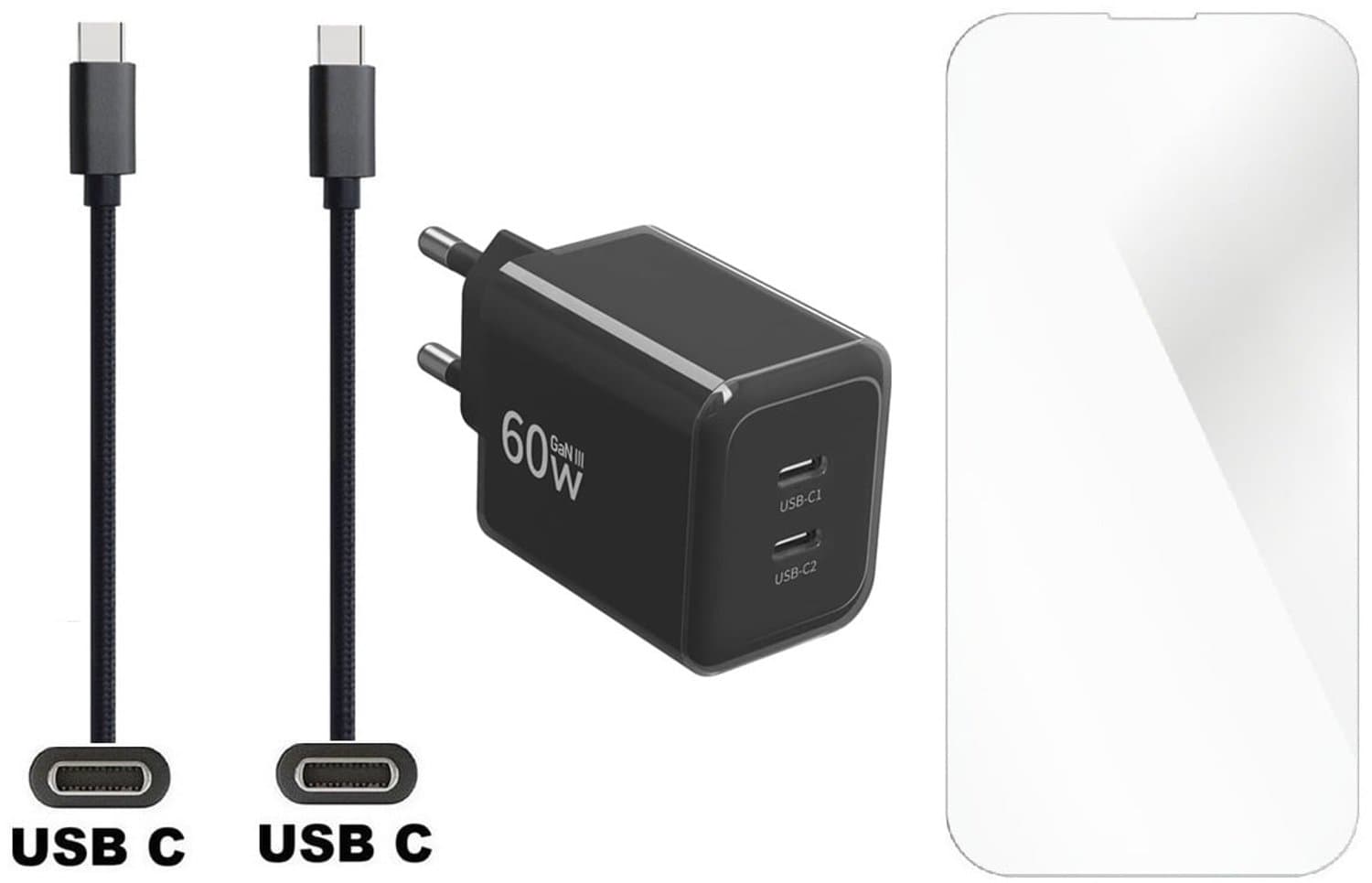 OneOne 60W super snellader met 2 USB C poorten en screenprotector van glas voor iPhone 16 Pro Max + 3,0m sterke USB C naar C kabel. Krachtige oplader. AVS, PPS, GaN 3, PD lader adapter. Glazen screenprotector past op Apple iPhone 16 Pro Max