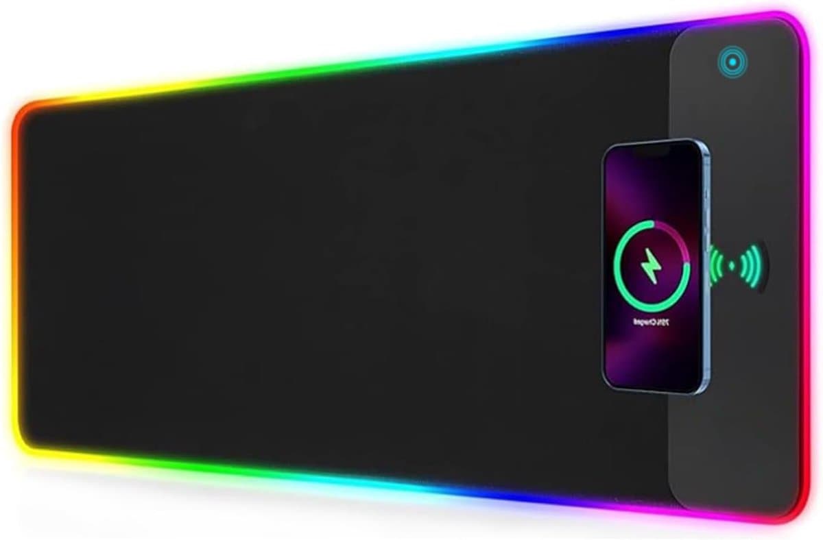 RGB met draadloos opladen, 15 W Qi, 14 led-lichtmodi, extra groot, XXL, 800 x 300 mm, antislip rubberen basis, voor pc, laptop en competitieve games