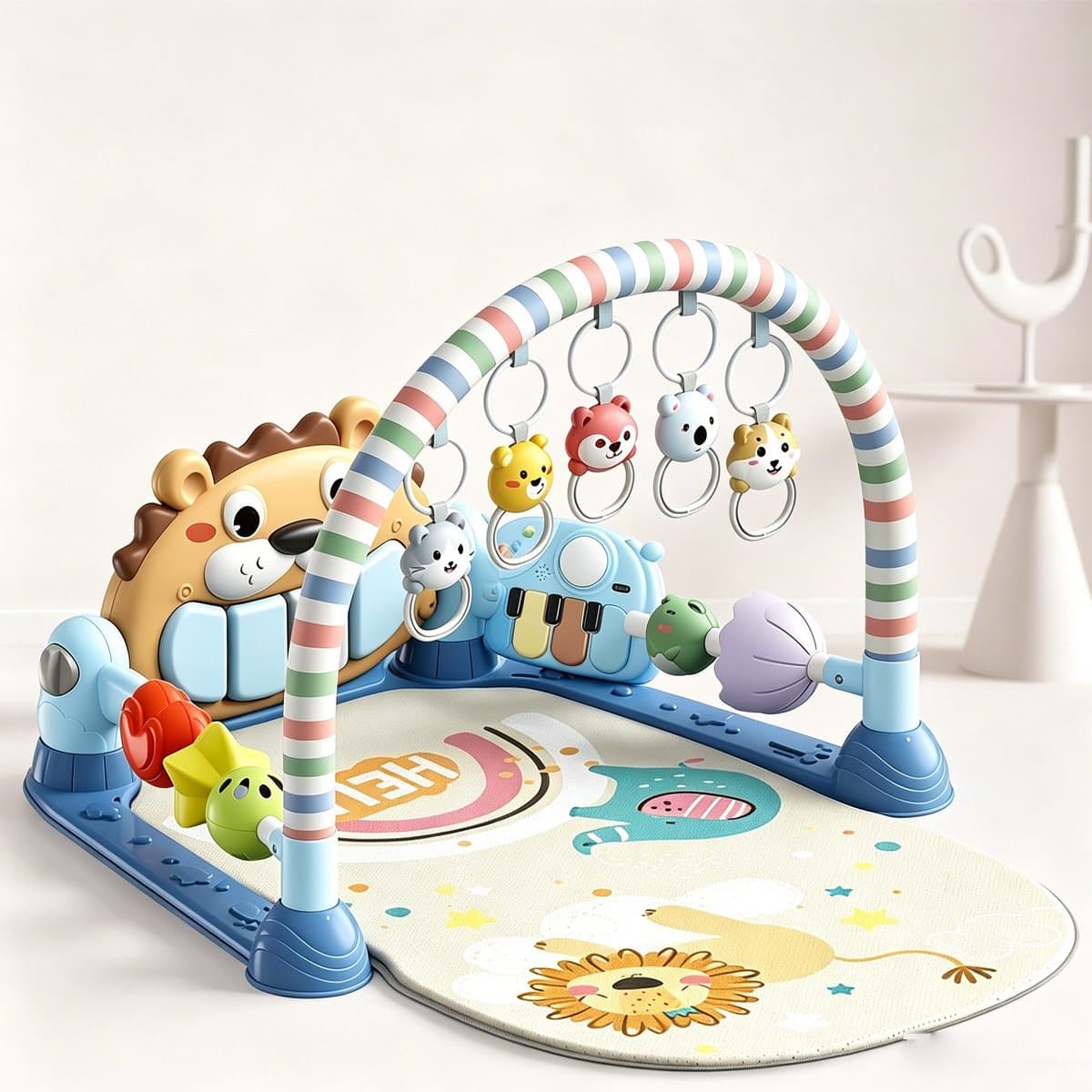 Babygym met Speelboog en Voetpiano, Speelmat voor Baby's met Muziek en Licht, Grijpringen en Rammelaars, Verstelbare Piano, voor Rug- en Buikligging