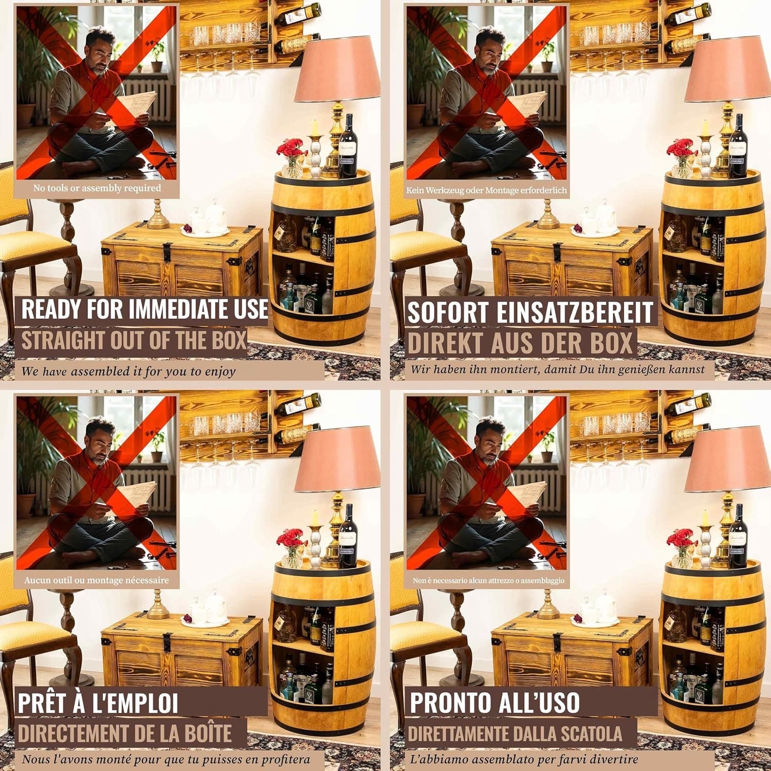 Luxe Wijnvat Bartafel met Minibar en Flessenrek – Vintage Houten Thuisbar – Rond Wijnvatmeubel 43 x 50 x 80 cm – House&Garden