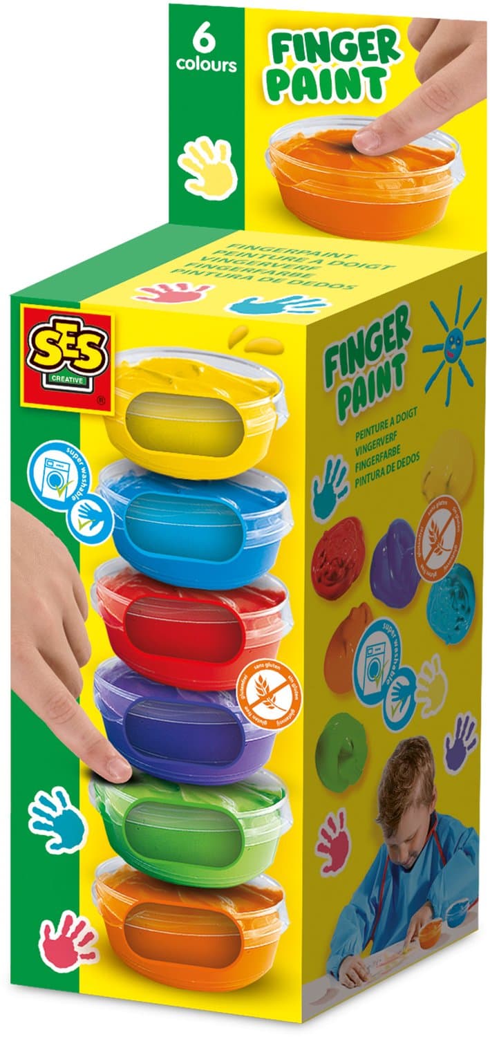 SES Creative - Vingerverf (6x45ml) - Mengbaar - Makkelijk uitwasbaar - Geel, Lichtblauw, Paars, Rood, Groen en Oranje