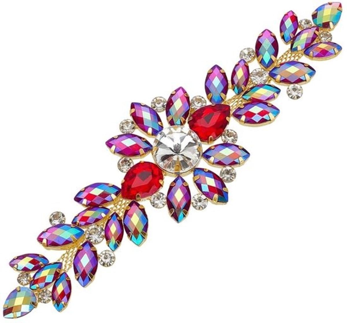 Dailygoods- Strassapplicatie met gouden klauw - Bloemapplicatie - Kristallen naaipatch - 53x177 mm - Fuchsia - Metalen ketting - Strassbloemen