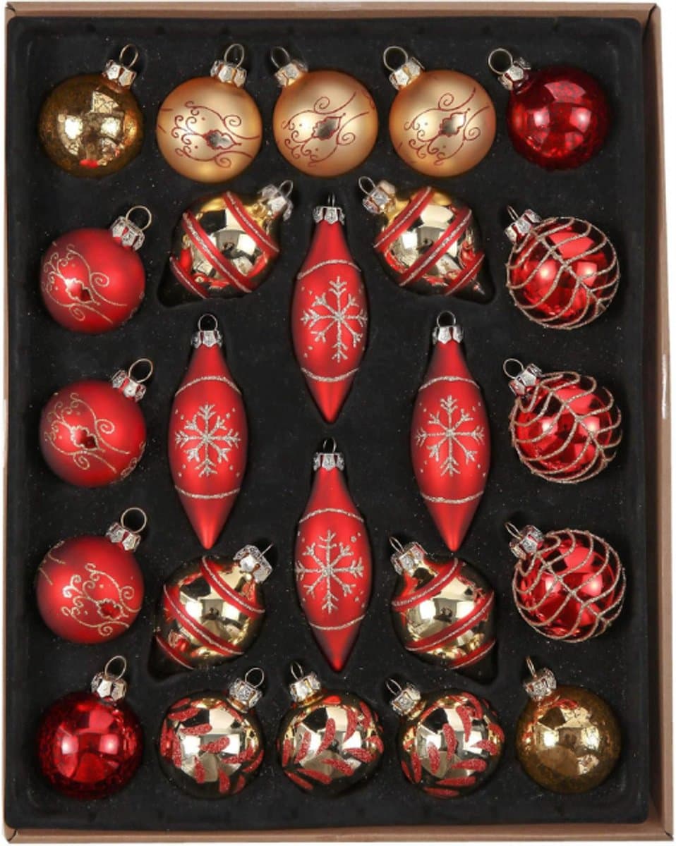 Glazen Kerstballen Set – 24 Luxe Kerstdecoraties – 7 Tot 10.7 Cm – Rode En Gouden Kerstballen – Kerstboom Versiering
