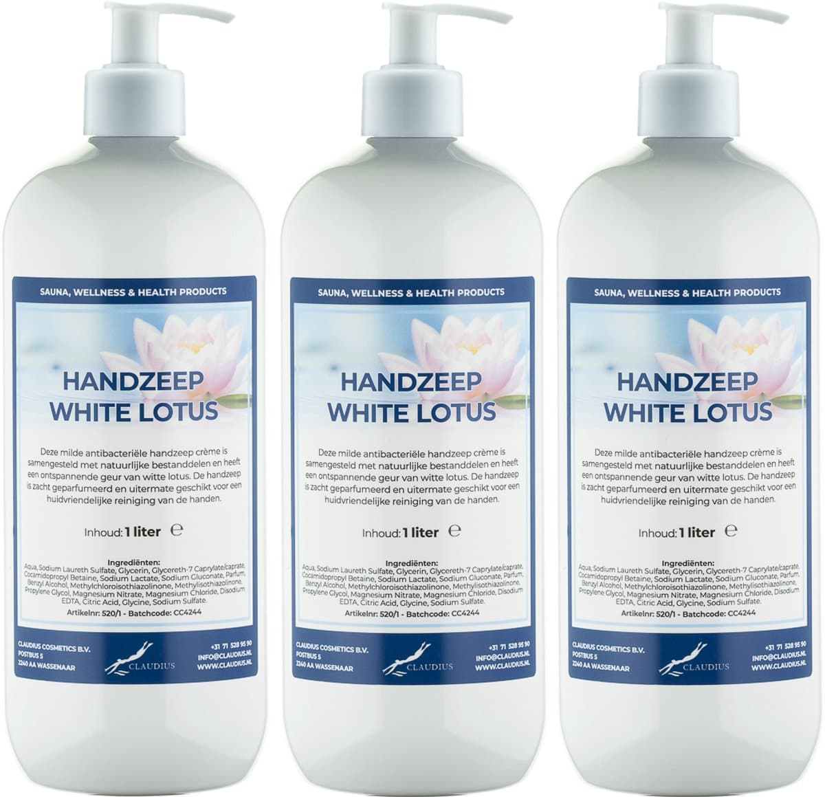 Handzeep White Lotus 1 liter - set van 3 stuks - met gratis pomp - Voordeelverpakking
