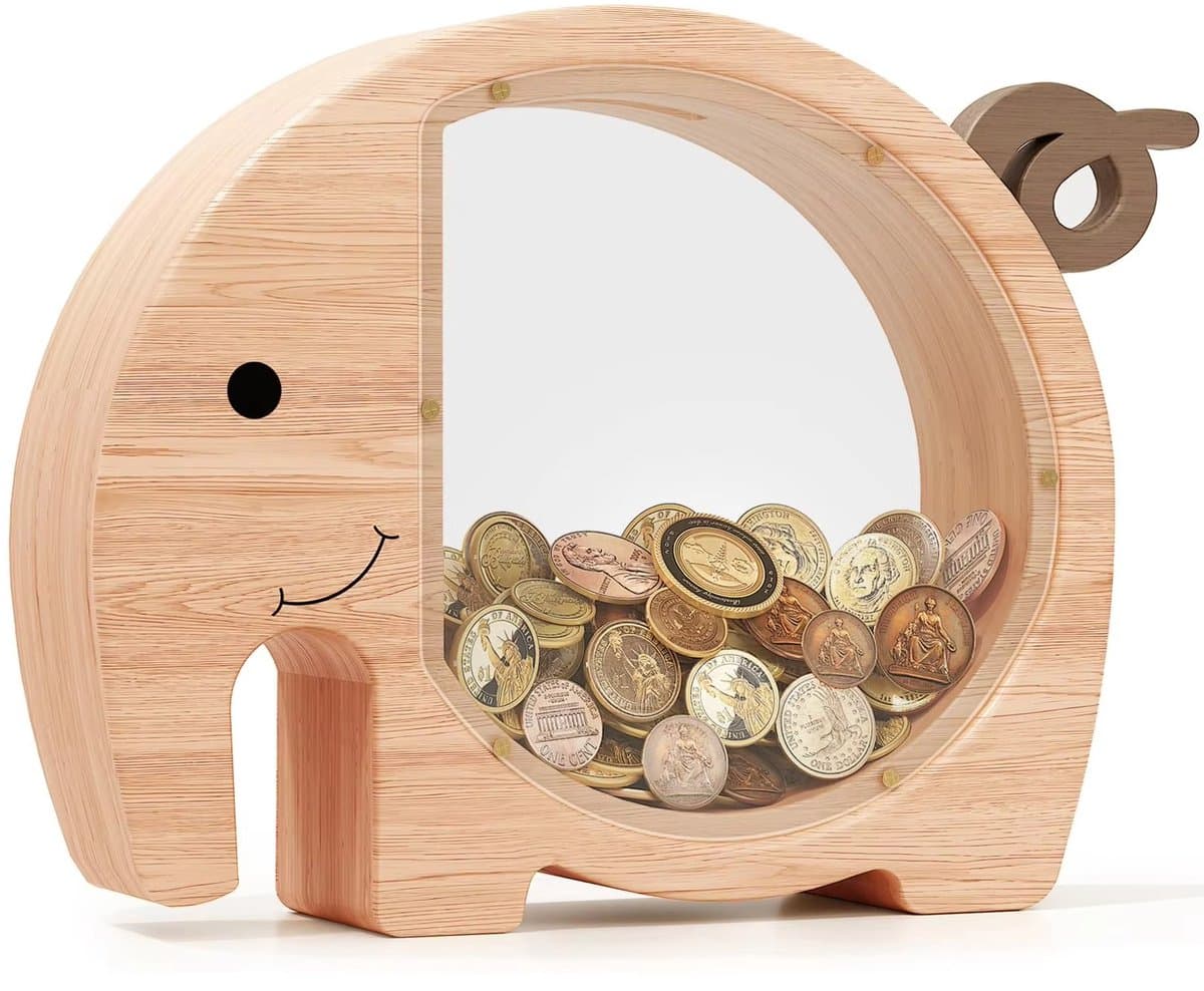 Grote Houten Spaarpot Olifant - Handgemaakt Spaarvarken met Transparant Venster - Educatief Speelgoed voor Kinderen & Volwassenen - 25x21x6 cm