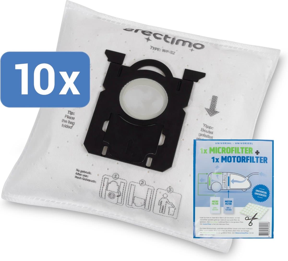 Stofzuigerzakken Philips Power Go van efectimo + filterset - geschikt voor: Philips Power Go FC8244/09 - 10 stuks - drielaags topkwaliteit microvezel Philips PowerGo stofzuigerzakken