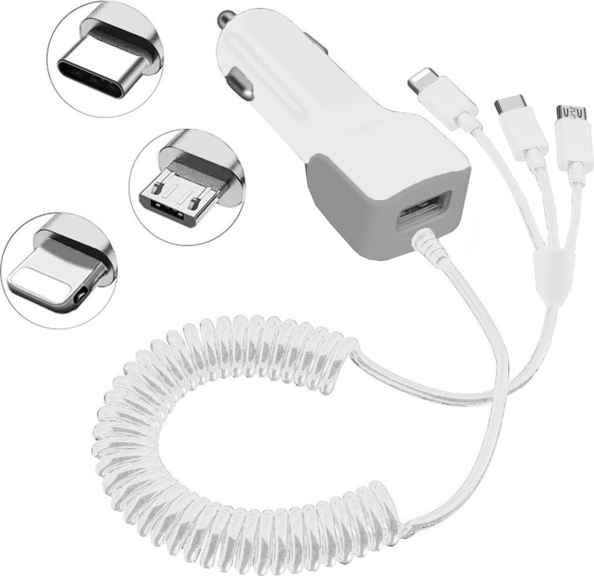 BSTNL - Auto Oplader - 4 aansluitingen - Auto Oplader USB-C - Lightning - Geschikt voor al jouw apparaten - USB C - Lightning - Micro USB - Wit