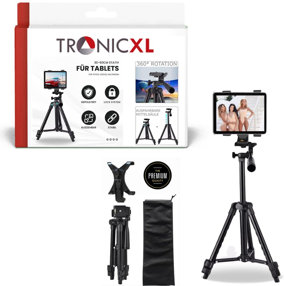TronicXL Statief Set 3-delig - 30-60cm Tripod inclusief waterpas + Tablet Houder + Tas - Universeel tot 19,5 cm - geschikt voor Apple, iPad Mini, Air, Samsung, Android - 7 tot 10 inch - muziekstandaard – adapter - ¼ schroef