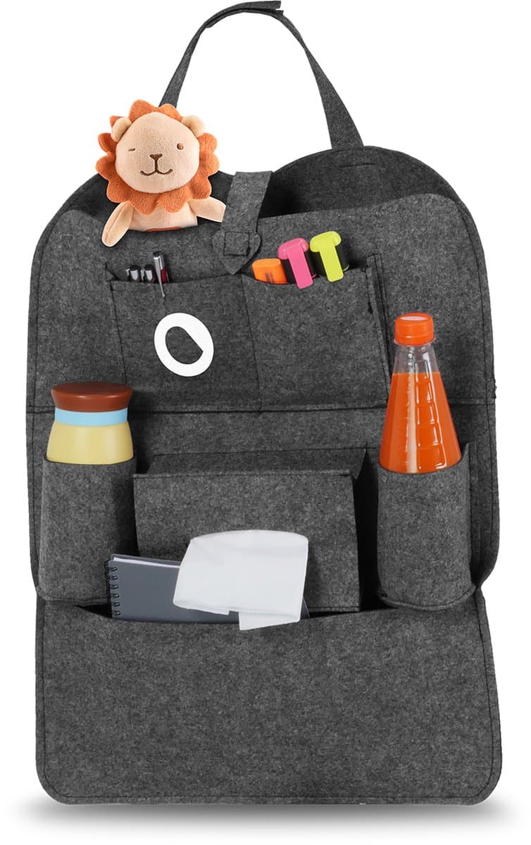 Lionelo Organizer – Autostoel Accessoire & Kinderwagen Organizer – 2-in-1 Rugleuningbeschermer & Opbergsysteem – 7 Vakken – Universele Bevestiging met Klittenband – Vilt – Veilig & Praktisch