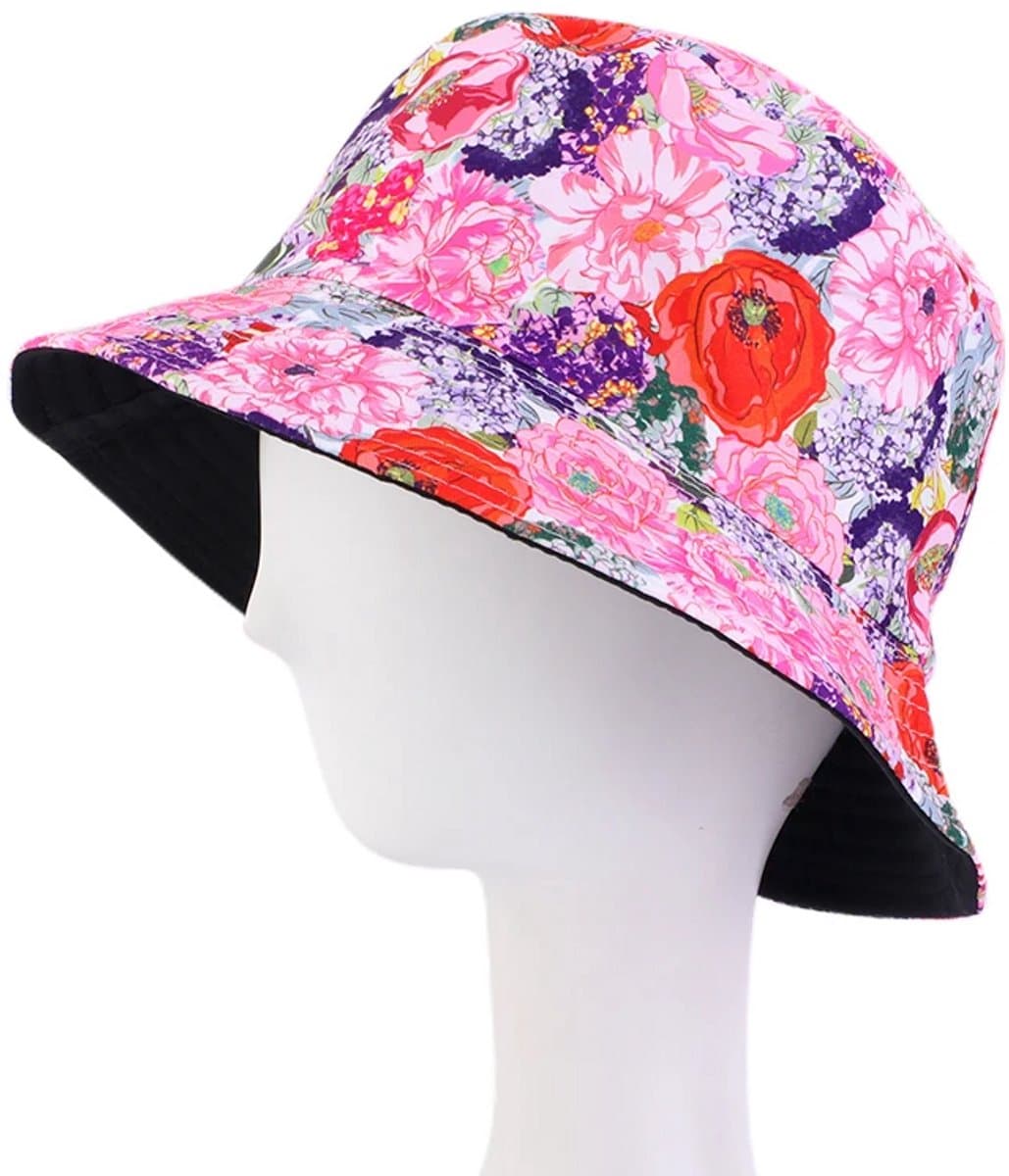 Bucket Hat - Omkeerbaar Vissershoedje - Dubbellaags - Pioenrozen Roze - Reversible naar Zwart - Maat 58 cm - Heren - Dames - Festival Accessoire - Festivalhoedje - Regenhoedje - Zonnehoedje - Emmerhoed - Hoed - Unisex