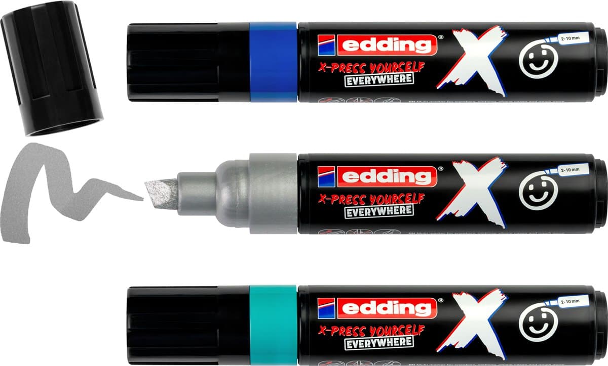 edding 6900 X multimarker - set van 3 blauw, turquoise, zilver - voor alle ondergronden geschikt - beitelpunt 2-10 mm - vegan inkt - gemaakt van gerecycled plastic - lokaal geproduceerd in Duitsland