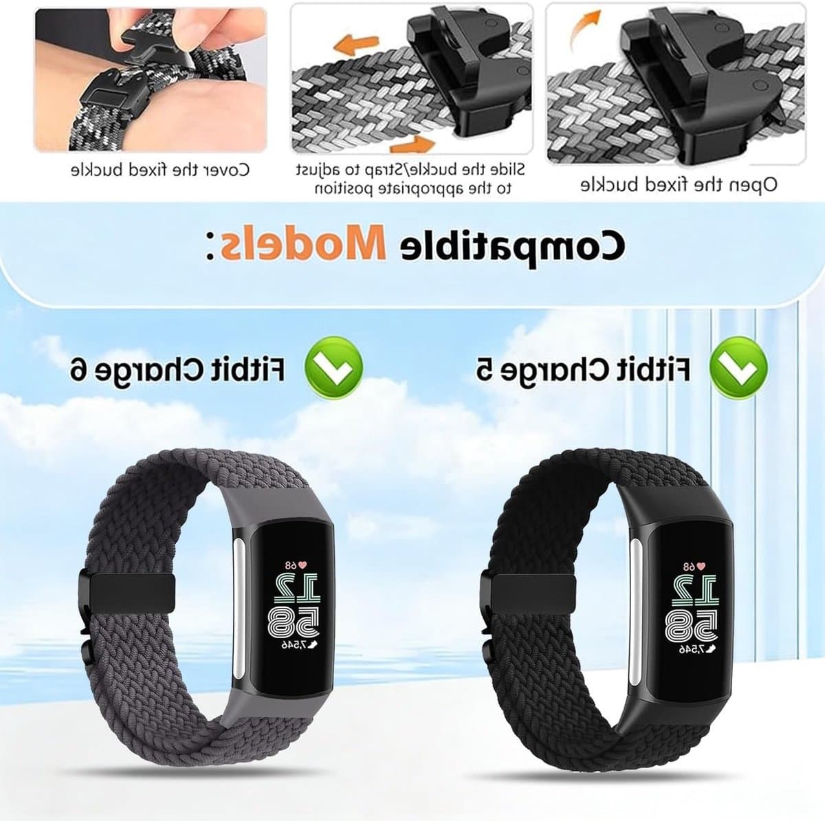 Nylon Gevlochten Band voor Fitbit Charge 5/6 - Elastische Sportband met Parachute Sluiting voor Dames en Heren
